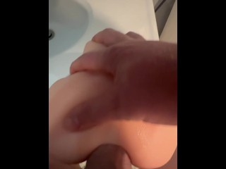 Thick cock fucking male sex toy silicon pussy in both holes and cumming