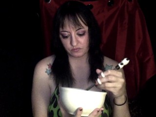 Dumb bitch eats dumplings and fucks herself