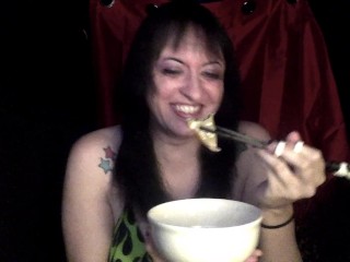 Dumb bitch eats dumplings and fucks herself