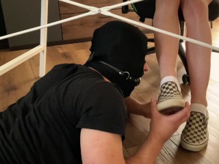 Gagged slave smells Mistress sweaty feet, stinky shoes and smelly socks! Trampling too! More on c4s!