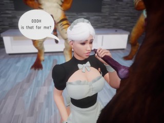 Sexy busty maid gives deepthroat blowjob to all the furries that visit her part 1