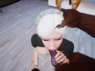 Sexy busty maid gives deepthroat blowjob to all the furries that visit her part 1