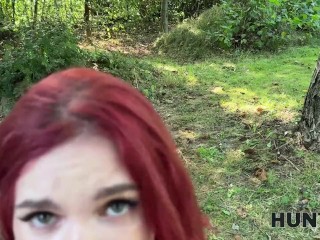 HUNT4K. Little redhead whore with natural tits showed her sex skills in public in front of her BF