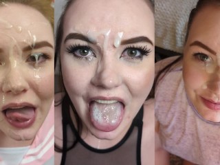 Blowjob Facial Compilation - Slutty girlfriend sucks big cock and get huge cumshots on her face