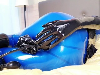 OnlyFans teaser - Anal toys in blue latex catsuit with red integrated vaginal and anal condoms!