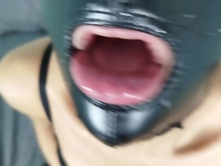 Petty BDSM slut sucking cock deepthroat slapping and spitting her face with slave leather mask