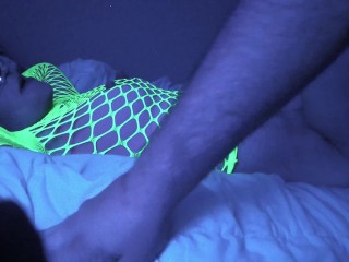 Rosey gives head and gets fucked under the black lights, then gets huge facial at the end
