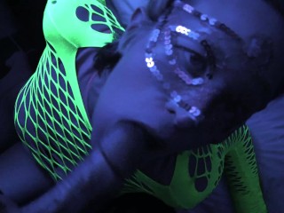 Rosey gives head and gets fucked under the black lights, then gets huge facial at the end