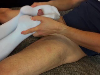 Footjob in Over Knee Socks with feet balls massage. He edges and cums on soles (full video)