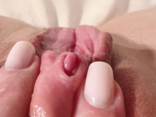 POV slimy pink pussy close up masturbation till orgasm contractions