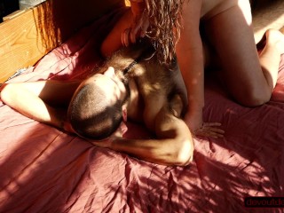 Brunette MILF Orgasms Facesitting Hairy Man, Face to Camera