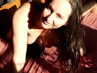 Brunette MILF Orgasms Facesitting Hairy Man, Face to Camera