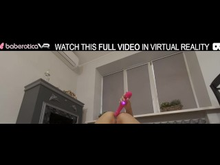 Solo brunette girl Christina masturbating with pink sex toy in VR.