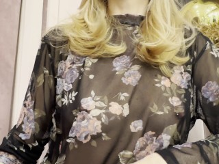 Trying my new sheer blouse in a caffe, showing my hard pierced nipples in public.