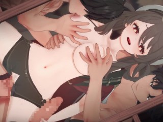 【原神】胡桃(残雪に咲く紅フータオ)が複数人に乳揉まれ攻められる3Dエロアニメーション。(ふーたお2。Genshin Hu Tao gangbang.胡桃群交)