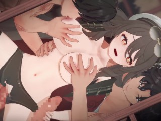 【原神】胡桃(残雪に咲く紅フータオ)が複数人に乳揉まれ攻められる3Dエロアニメーション。(ふーたお2。Genshin Hu Tao gangbang.胡桃群交)