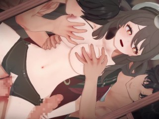 【原神】胡桃(残雪に咲く紅フータオ)が複数人に乳揉まれ攻められる3Dエロアニメーション。(ふーたお2。Genshin Hu Tao gangbang.胡桃群交)