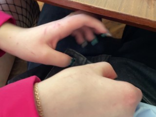 SCHOOLGIRL HANDJOB to a CLASSMATE under the table at math class