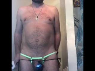 Jacking off in a skimpy blue shiny thong