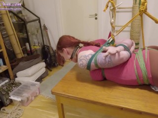 Christmas special hogtied & ballgagged girl on table!