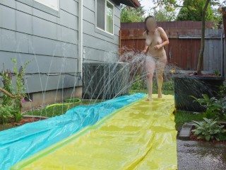 Riding my Slip N Slide Nude for my Neighbors to Watch - Slow Motion