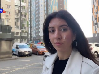 Wife Cheats her Husband in the Entrance and walks on Public with Cum on Face - Cumwalk