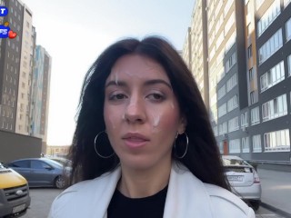 Wife Cheats her Husband in the Entrance and walks on Public with Cum on Face - Cumwalk