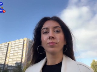 Wife Cheats her Husband in the Entrance and walks on Public with Cum on Face - Cumwalk