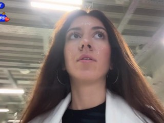 Wife Cheats her Husband in the Entrance and walks on Public with Cum on Face - Cumwalk