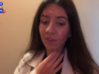 Wife Cheats her Husband in the Entrance and walks on Public with Cum on Face - Cumwalk