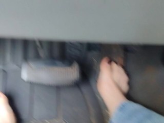 Pedal pumping barefoot with jeans on in my big truck using my big size 11 feet and my long toes