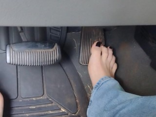 Pedal pumping barefoot with jeans on in my big truck using my big size 11 feet and my long toes