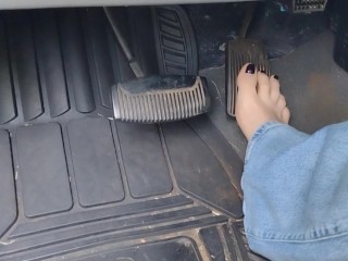 Pedal pumping barefoot with jeans on in my big truck using my big size 11 feet and my long toes