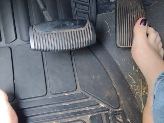 Pedal pumping barefoot with jeans on in my big truck using my big size 11 feet and my long toes