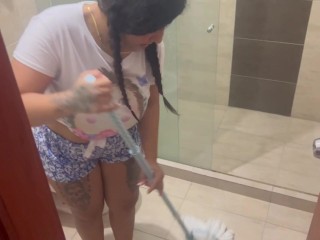 My stepsister is cleaning the bathroom in her room and I come in to warm her up and fuck her in the