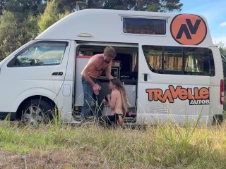 passionately fucking and cumming inside slut on a empty road in a Van - Public Sex