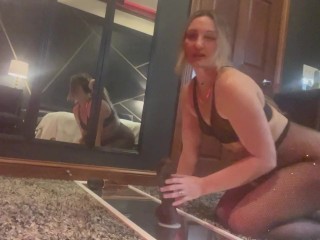 Real amateur wife masturbation with big black dildo and squirt on mirror
