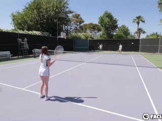 Redhead Slut Lets Tennis Studs Team Up And Spray Her Face - Mazy Myers