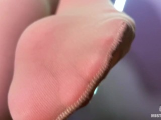 POV foot worship, Goddess above you put her fragrant nylon soles into your mouth