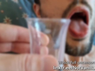 Bound slave boy swallows his own cum from a shot glass for his mistress