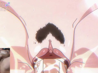 Big titted aunt gives blowjob to hentai virgin and he spits cum on her face!!