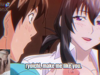 Big titted aunt gives blowjob to hentai virgin and he spits cum on her face!!