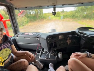Fake Trucker picks up two festival girls. Fucking and facials in the truck