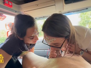 Fake Trucker picks up two festival girls. Fucking and facials in the truck