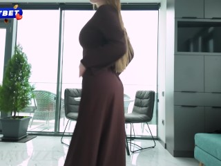 Busty Babe in a Dress Shows Off Big Natural Tits and Takes a Cumshot