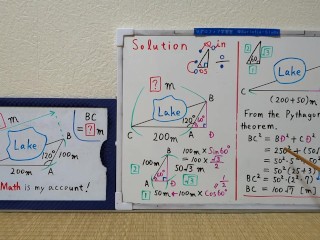 There is a pond so it cannot be measured. Application of sine and cosine.[JapanMath]