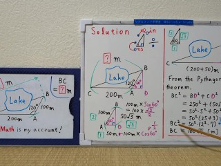 There is a pond so it cannot be measured. Application of sine and cosine.[JapanMath]