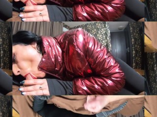 Preview-The nympho wife plays with her camel-toe jumpsuit and put some cum on her shinny red down-ja
