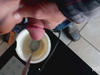Quick yogurt, porn, and cum break before going back to work