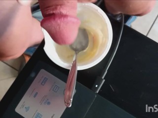 Quick yogurt, porn, and cum break before going back to work